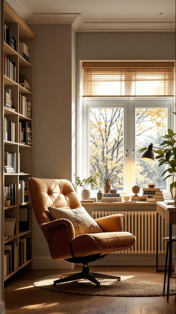 A cozy home office reading nook with a comfortable chair, bookshelves, and natural lighting.