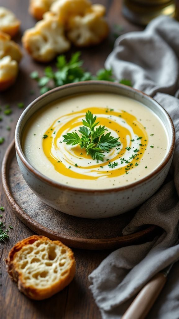 A bowl of creamy cauliflower soup garnished with parsley and a drizzle of oil, served with bread on the side.