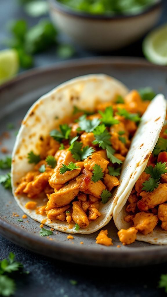 Deliciously filled creamy chipotle chicken tacos garnished with cilantro