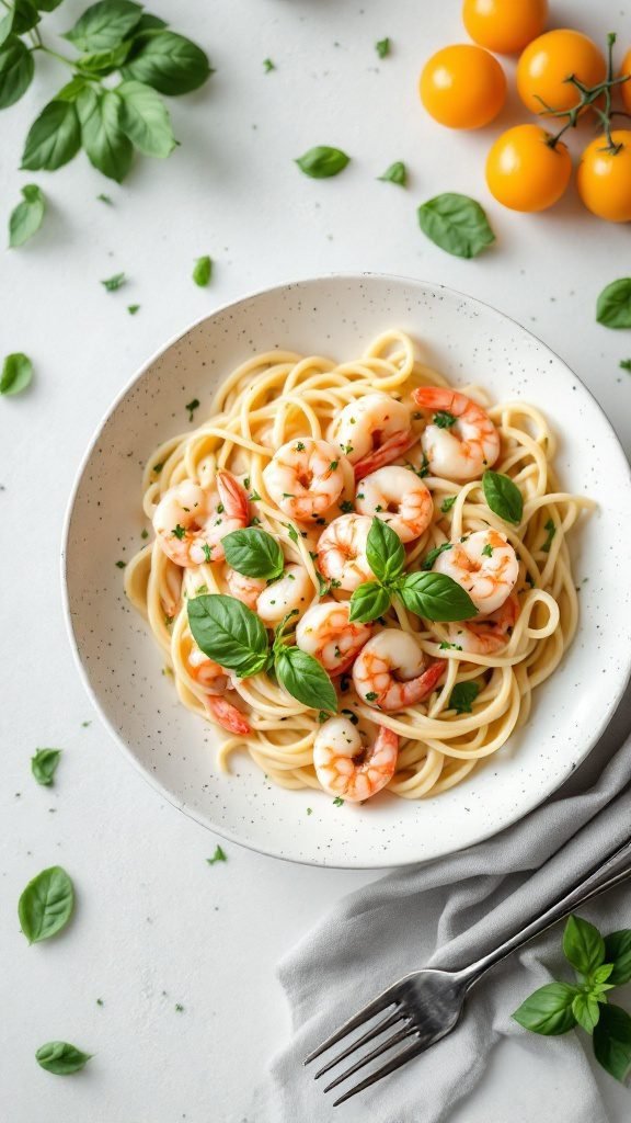 A delicious plate of creamy seafood pasta with shrimp and scallops garnished with fresh basil.