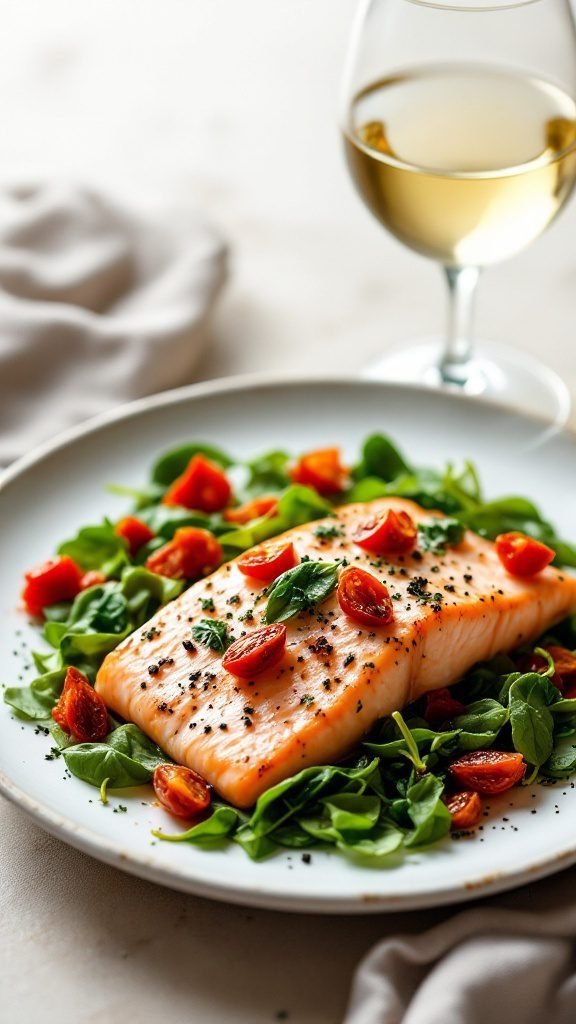 Creamy Tuscan salmon on a plate with spinach and cherry tomatoes