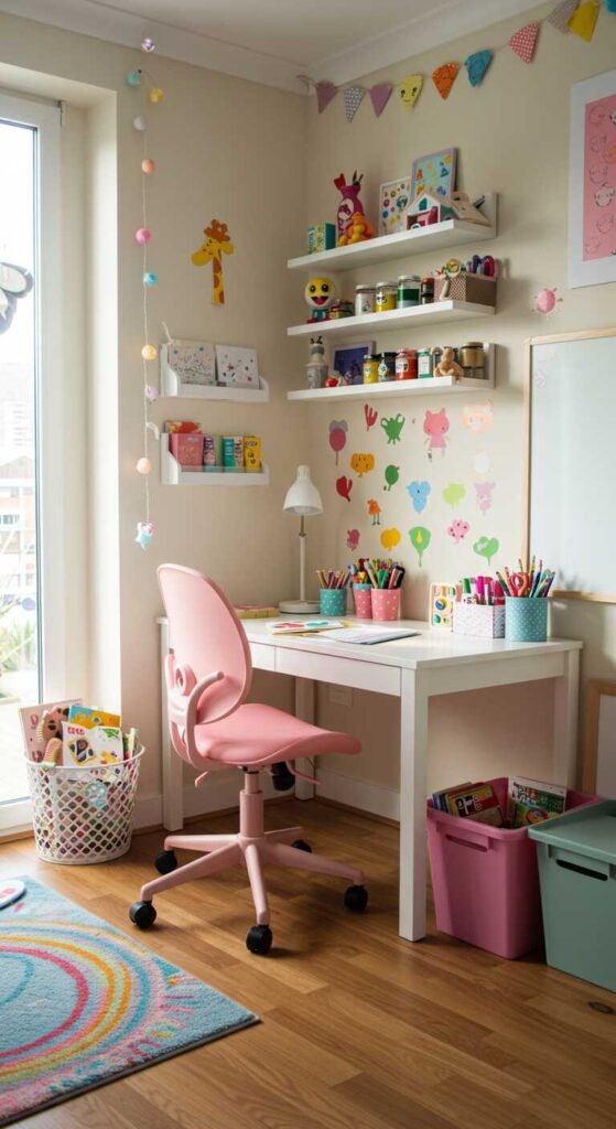 A cozy and organized kids' workspace with a desk, chair, and colorful decor.