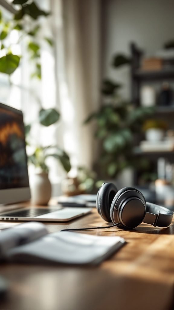 A stylish home office setup featuring a laptop, headphones, and plants, creating a cozy and distraction-free environment.