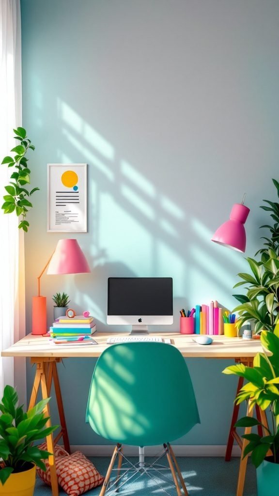 A vibrant home office with a teal chair, colorful books, and plants.