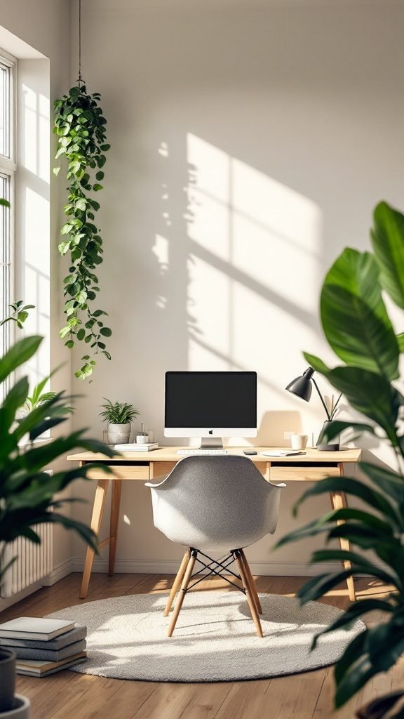 A cozy budget home office setup with a desk, ergonomic chair, plants, and computer.