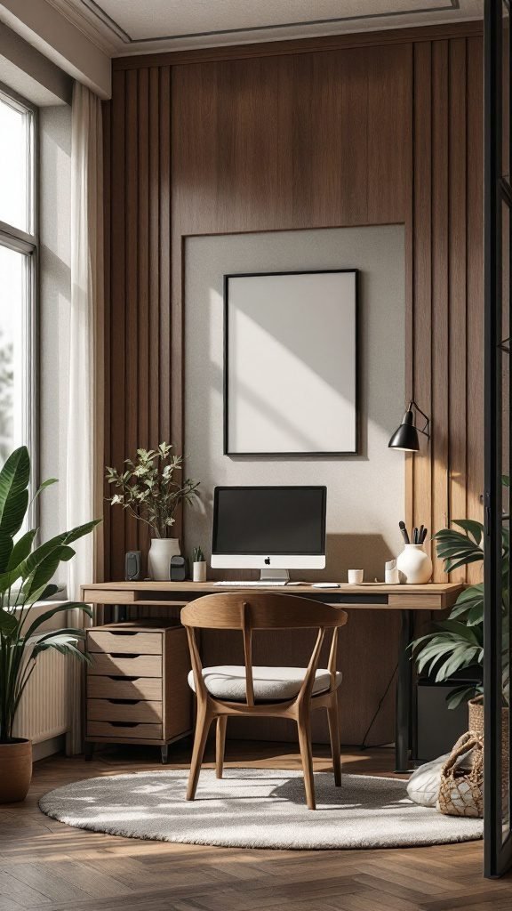 Cozy home office setup with a desk, ergonomic chair, and plants, designed for productivity.