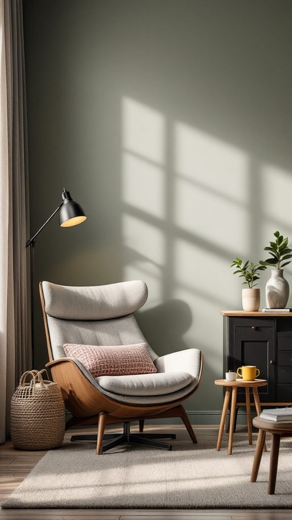 Cozy home office break space with an ergonomic chair and side table.