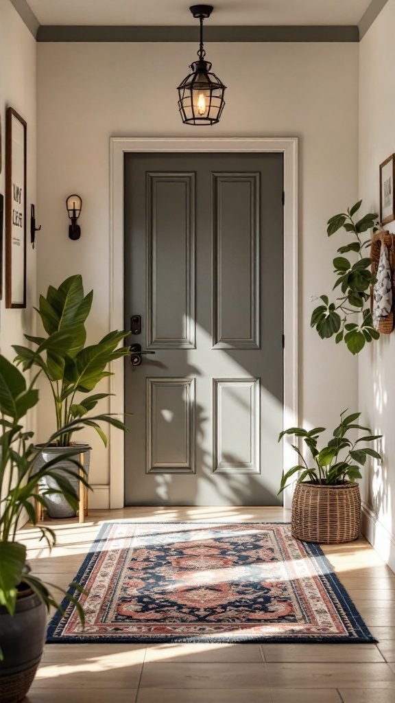 A cozy entryway with plants, a decorative rug, and a stylish door.