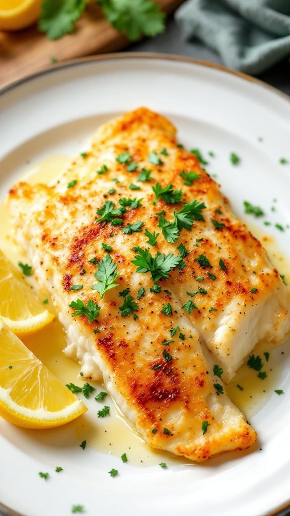 Crispy baked cod fillet garnished with parsley and lemon slices