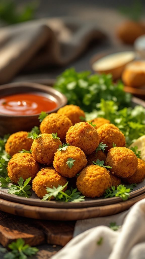A plate of crispy falafel balls garnished with herbs, served with dipping sauces.