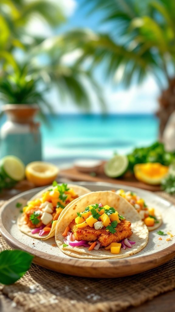Crispy fish tacos with mango slaw served on a wooden plate