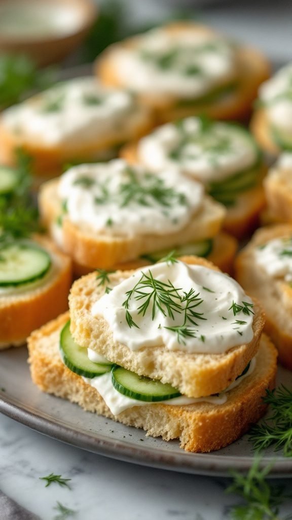 Cucumber and cream cheese sandwiches on a plate, garnished with herbs.