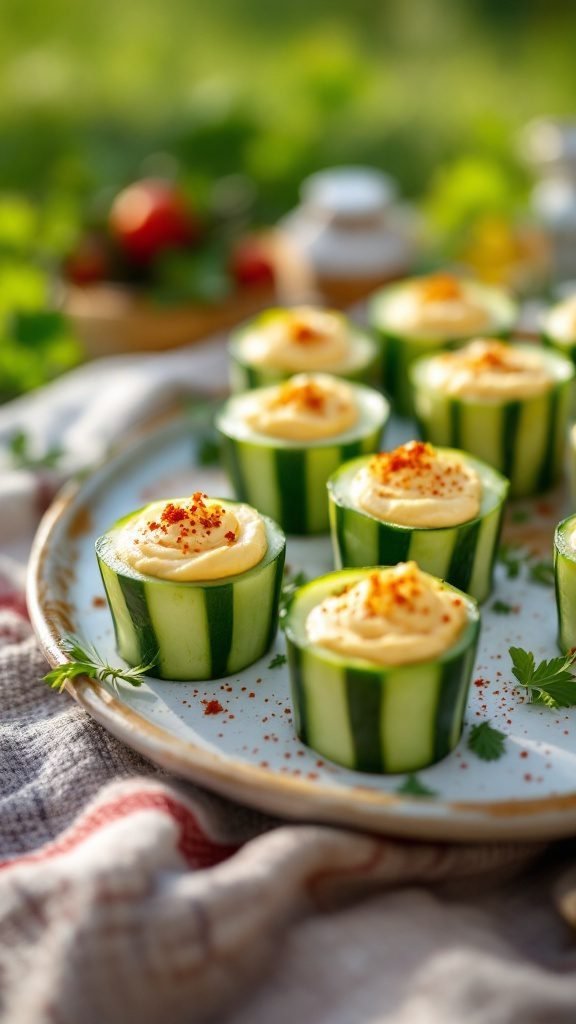 Plate of cucumber cups filled with hummus, garnished with paprika.