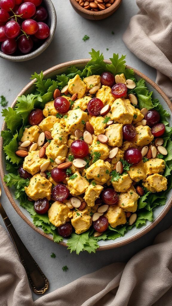 A bowl of curried chicken salad with grapes and almonds