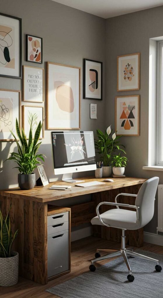 A cozy home office setup featuring a wooden desk, computer, and a variety of wall art with plants surrounding the space.