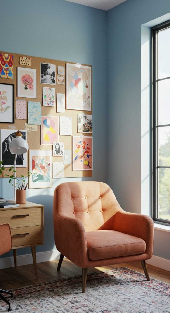 A colorful mood board with various art prints and a cozy chair in a home office setting.
