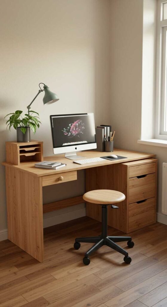 A cozy DIY desk setup in a home office with plants and a computer.