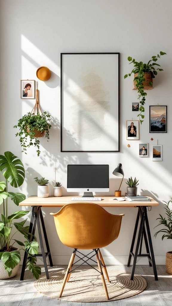 A cozy home office with a compact desk, ergonomic chair, plants, and personalized wall decor.