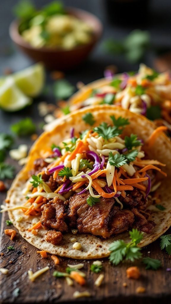 Duck confit tacos with toppings like cabbage, carrots, and cilantro.
