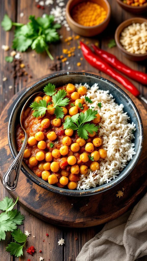 A bowl of chickpea masala served with rice, garnished with fresh cilantro.