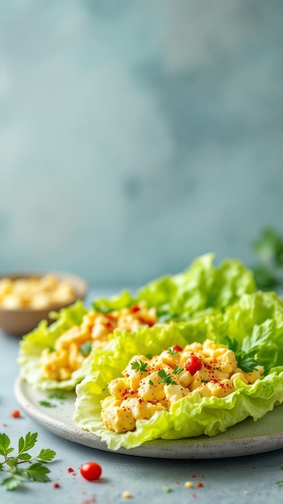 Egg salad lettuce wraps with cherry tomatoes and herbs