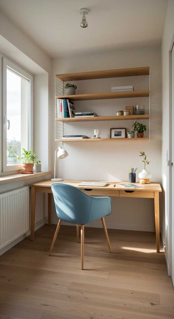 A cozy and minimalist home office setup with a desk, chair, shelves, and plants.