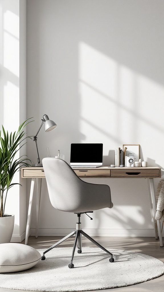A minimalist home office setup featuring a compact desk, ergonomic chair, and a lamp, with natural lighting and a plant for decor.