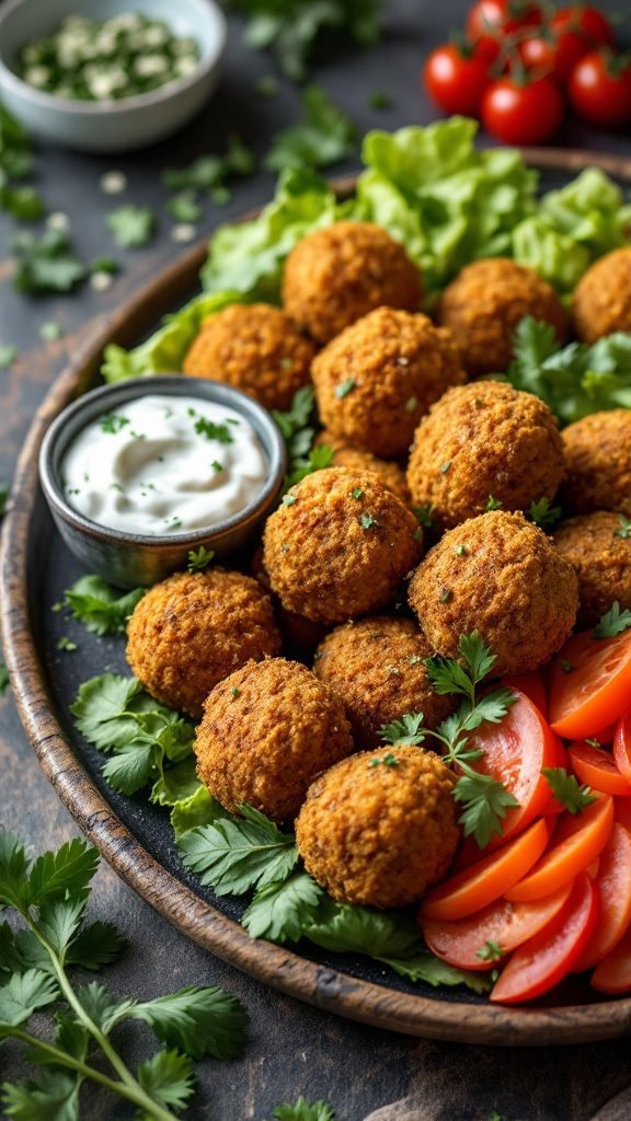 A plate of falafel with a side of tzatziki sauce and fresh vegetables.
