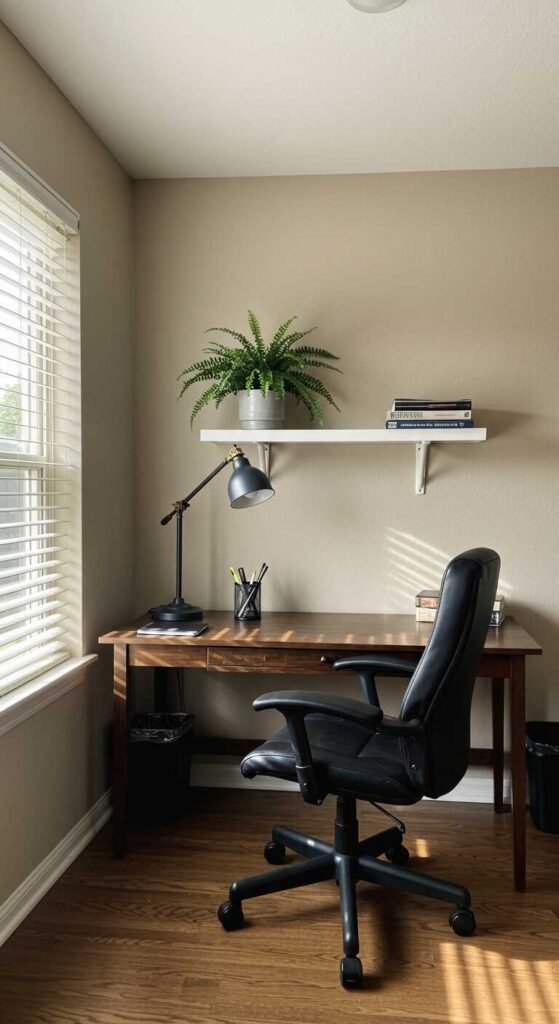 A simple home office setup with a desk, chair, and plants