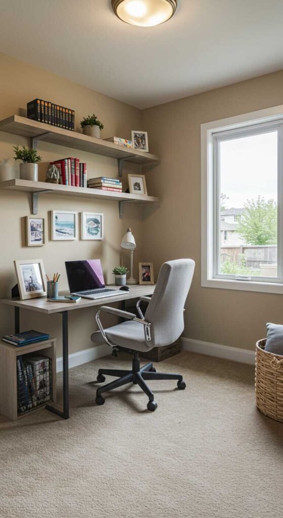 A budget home office with wall-mounted shelves, a desk, and decorative items.