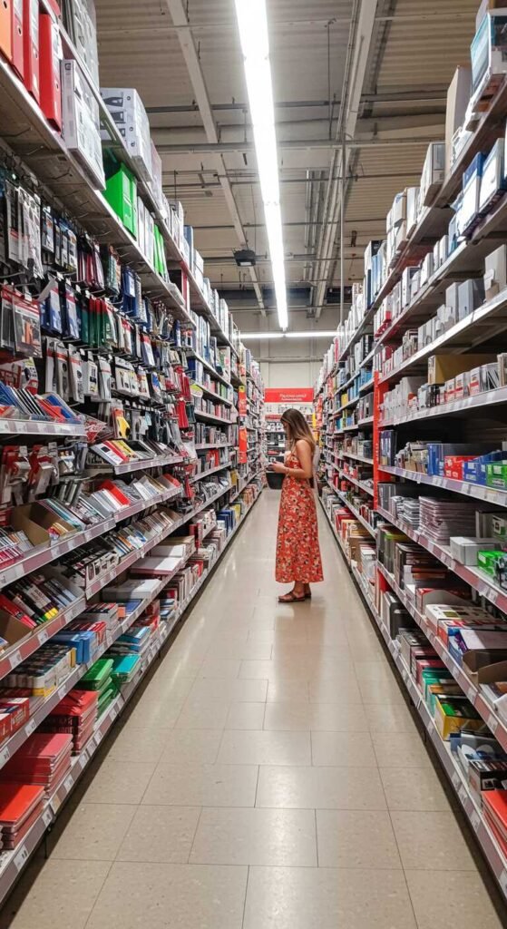 A store aisle filled with colorful office supplies and signs indicating sales.