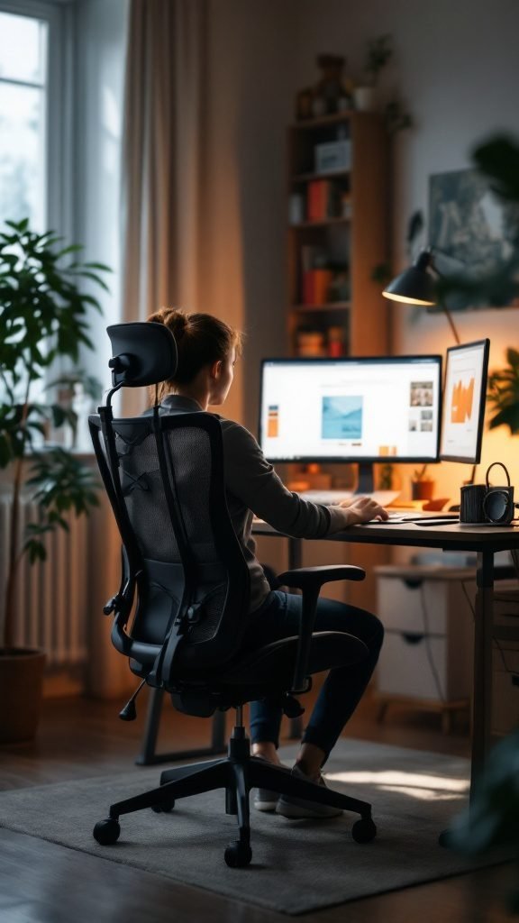 A cozy home office setup with a person sitting at a desk, working on a computer. The space is well-organized with plants and shelves in the background.