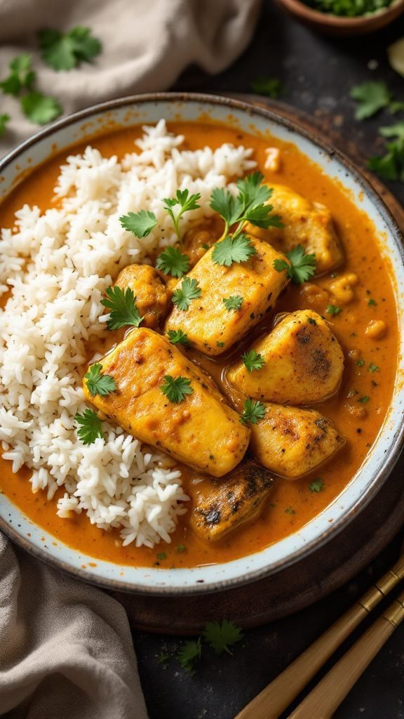 A bowl of fish curry with coconut milk served with rice.