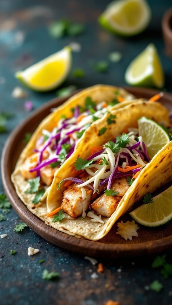 Delicious fish tacos with cabbage slaw garnished with cilantro and lime