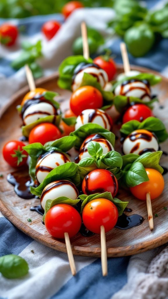 Fresh Caprese skewers with tomatoes, mozzarella, and basil drizzled with balsamic glaze on a wooden platter.