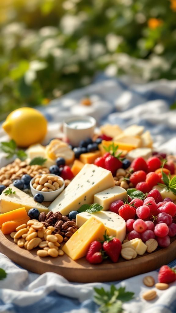 A vibrant fruit and cheese board featuring various cheeses, fresh fruits, and nuts, set in an outdoor picnic setting.