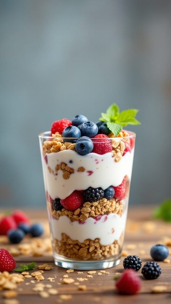 A delicious fruit and yogurt parfait with layers of yogurt, berries, and granola.
