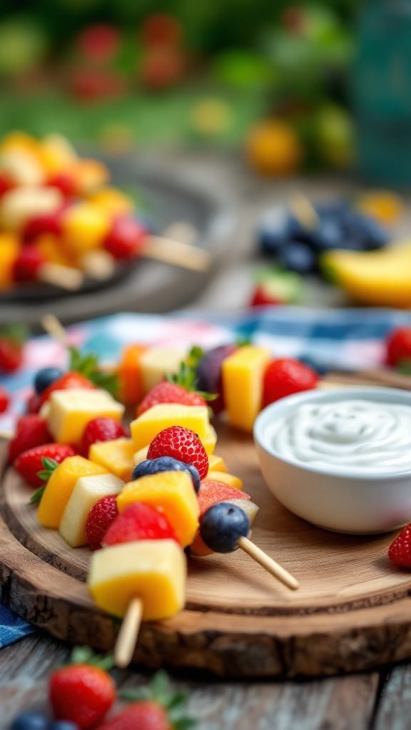 Colorful fruit skewers with yogurt dip on a wooden platter.