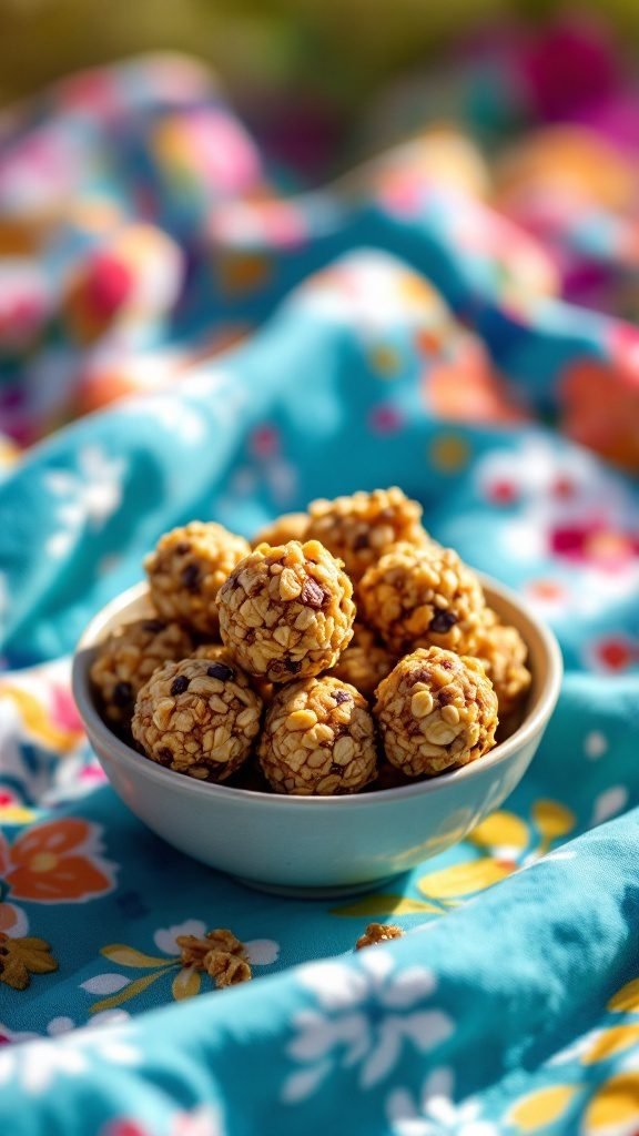 A bowl of granola energy bites on a colorful floral blanket.