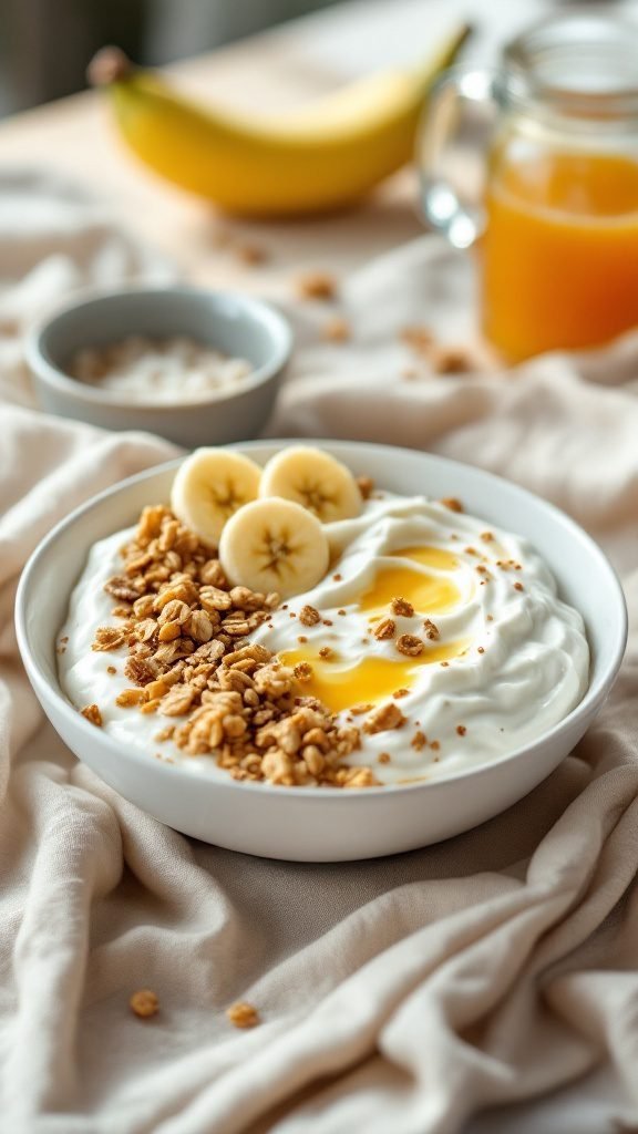 A bowl of Greek yogurt topped with granola and banana slices.