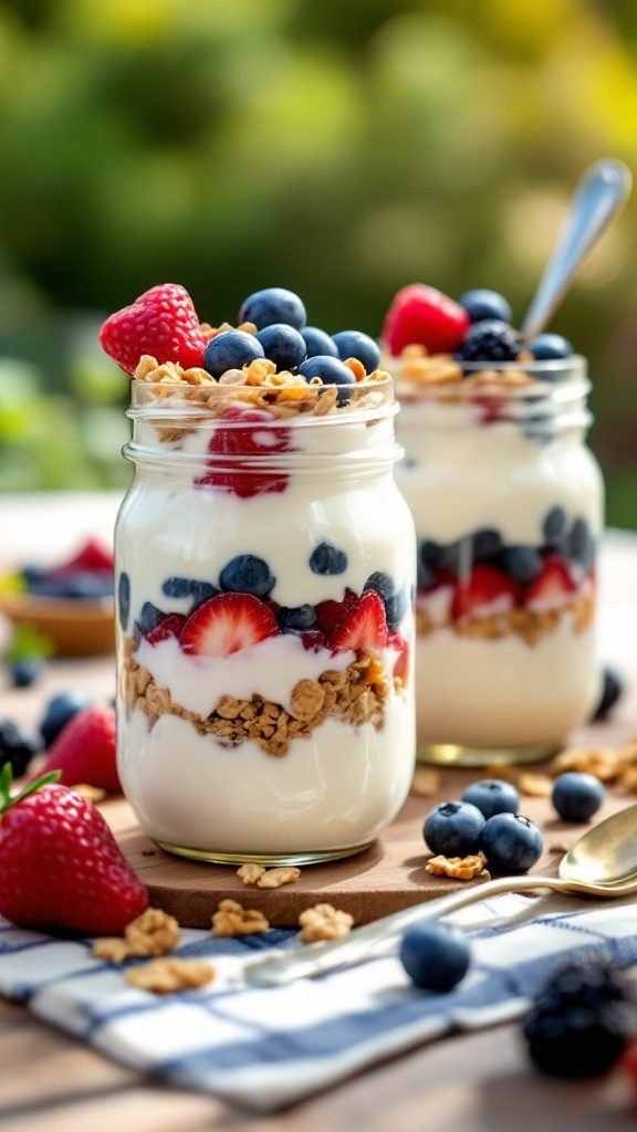 Two jars of Greek yogurt parfaits layered with granola and berries on a picnic table.