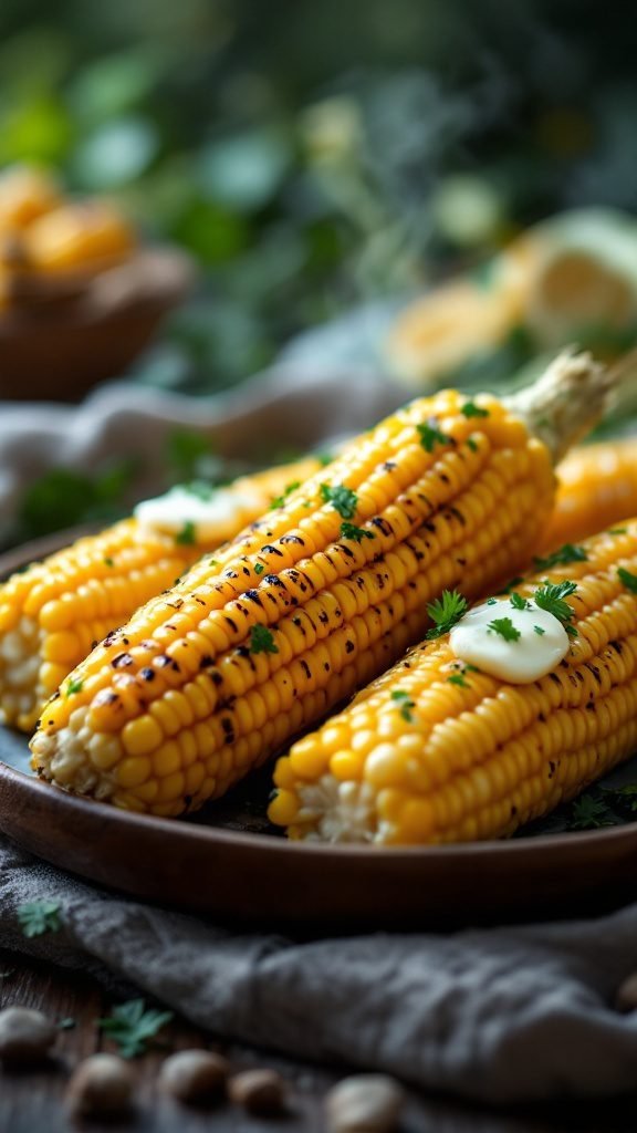 Grilled corn on the cob with butter and herbs on a wooden plate