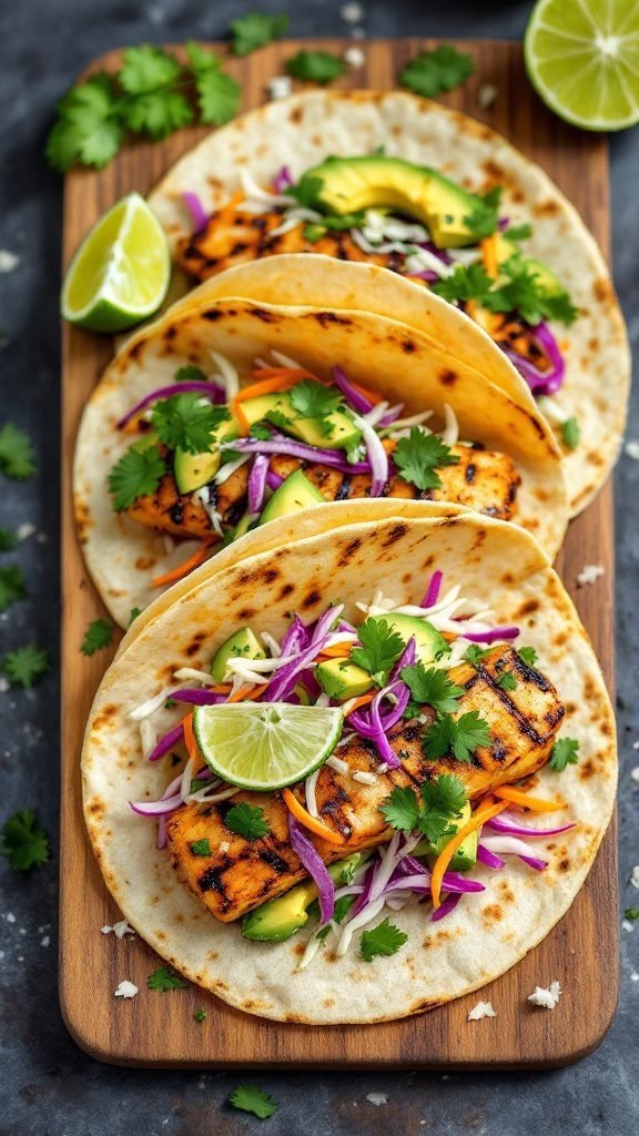 Grilled Mahi-Mahi tacos with fresh toppings on tortillas