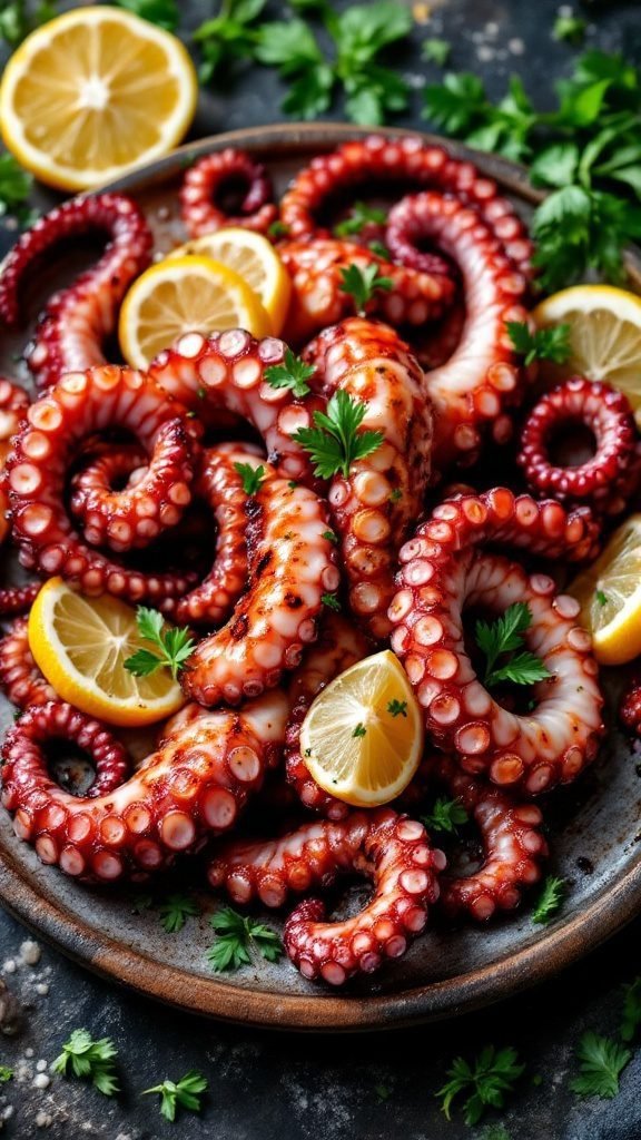 Grilled octopus garnished with lemon and parsley.