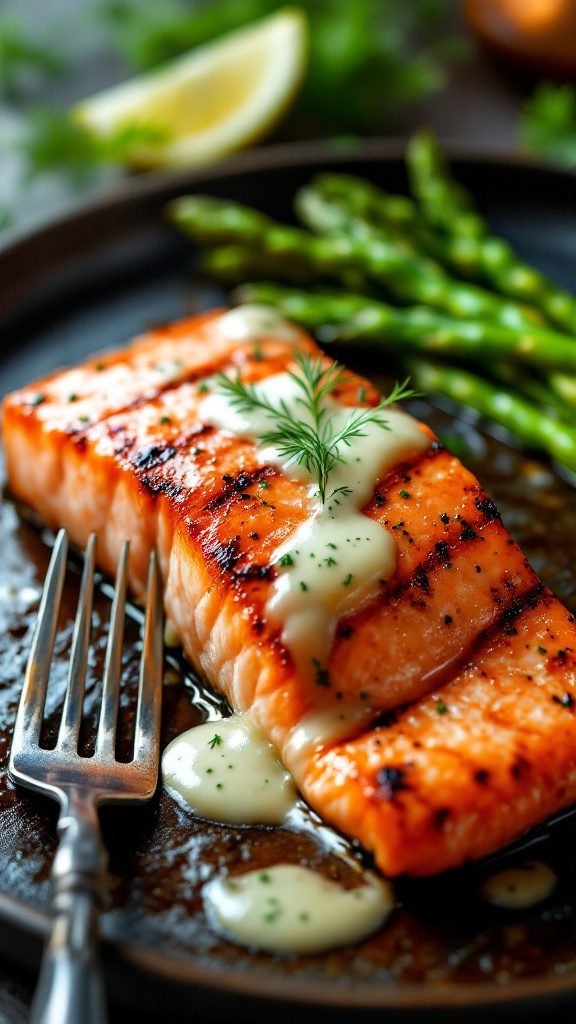 Grilled salmon fillet with dill sauce and asparagus on a plate.