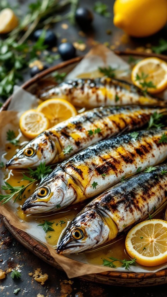Grilled sardines served with lemon and olive oil.