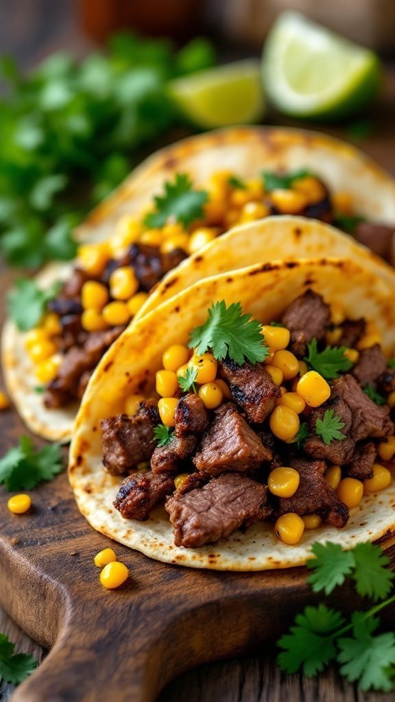 Grilled steak tacos with charred corn salsa and fresh cilantro on wooden board