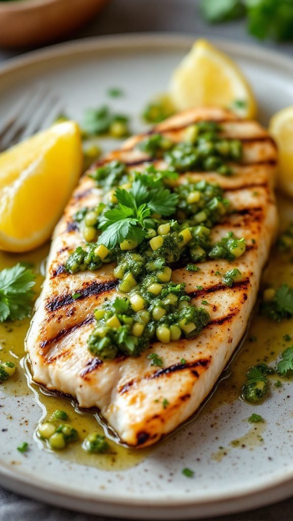 Grilled swordfish with salsa verde topped with fresh herbs and lemon wedges