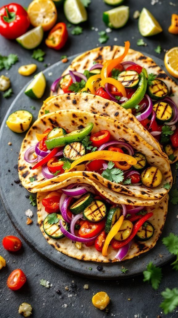 Grilled veggie tacos with colorful vegetables served on tortillas