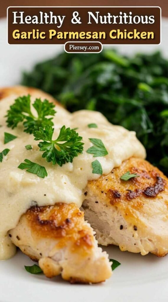 Grilled chicken topped with creamy garlic Parmesan sauce, garnished with fresh parsley. Served alongside vibrant green vegetables, conveying a healthy meal.